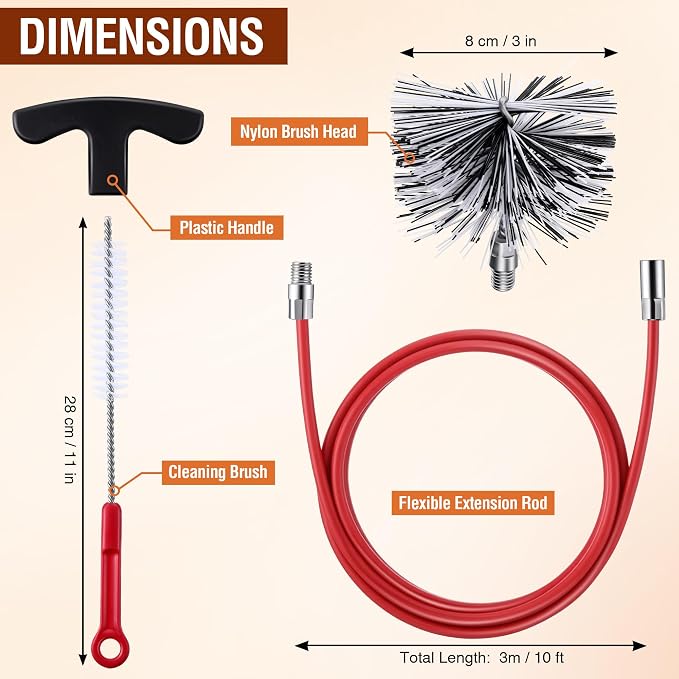 Feekoon Pellet Stove Cleaning Kit, 10 FT Flexible Steel Rod with 3" Brush Head, Flue Detail Cleaner, Pellet Stove Accessories for Vent Pipes Cleaning - Reduce Buildup & Improve Airflow