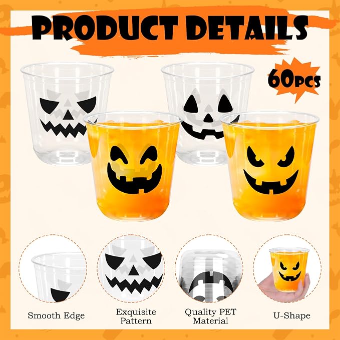 JarThenaAMCS 60Pcs Halloween Plastic Cups Spooky Pumpkin Face Disposable Clear Stemless Wine Cocktail Glasses 12 Oz PET Drinkware Cups Set for October Trick or Treat Birthday Party Supplies