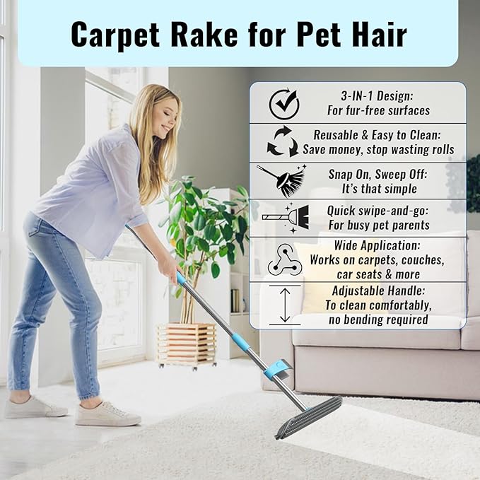Carpet Rake for Pet Hair Removal Tool, 2 in 1 Carpet Scraper with 59" Adjustable Handle, Silicone Rug Rake for Dog & Cat Fur Hair, Pet Hair Remover for Rugs, Mats, Couch, Furniture, Floor