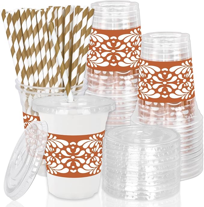JarThenaAMCS 50Pcs Cielito Lindo Disposable Plastic Cups with Lids and Straws Terracotta Flower Clay Cold Beverage Drinking Cups for Cinco De Mayo Mexican Talavera Wedding Party Supplies