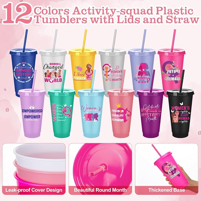 Meanplan 24 Pcs Women's History Month Gifts Bulk 24 oz Plastic Tumbler with Lids and Straws Inspirational Reusable Cups WHM Feminism Gift for March International Women's Day Party Favors