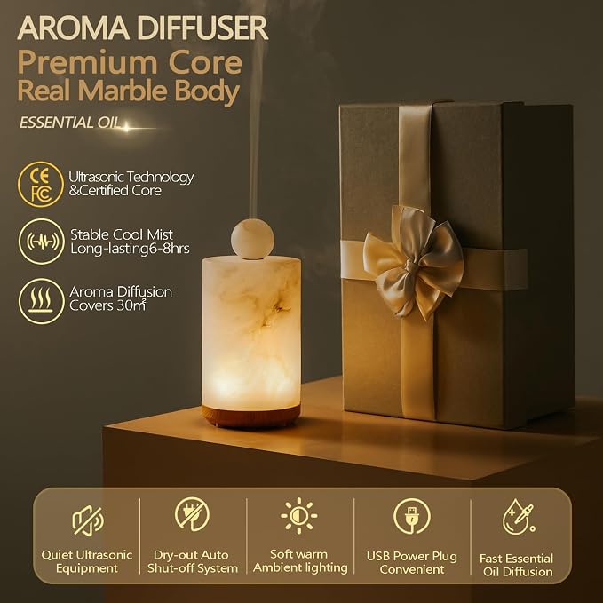 Marble Essential Oil Diffuser Machine Scent Air Humidifier for Home and Bedroom Spas Self Care Wellness Gift Set for Woman Stone Aromatherapy Diffuser (Alabaster, Cylindrical, 100, Milliliters)