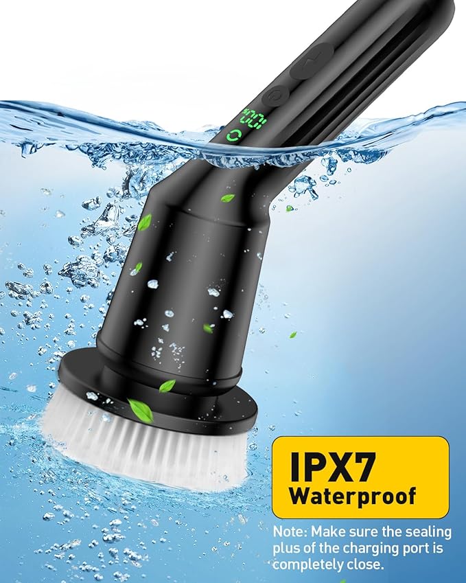 Shower Scrubber with Long Handle, Bathroom Cleaner Brush with IPX7 Waterproof, Cordless Electric Spin Scrubber for Cleaning with 2 Speed, Cleaning Supplies for Bathtub Kitchen Floor Tile Toilet