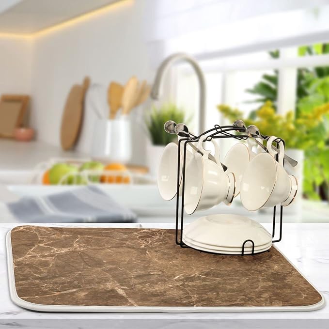 Brown Marble Texture Microfiber Dish Drying Mat Absorbent Dish Draining Mat Large Size 18 x 24 Dishes Drainer Mat for Countertop Dish Drying Pads