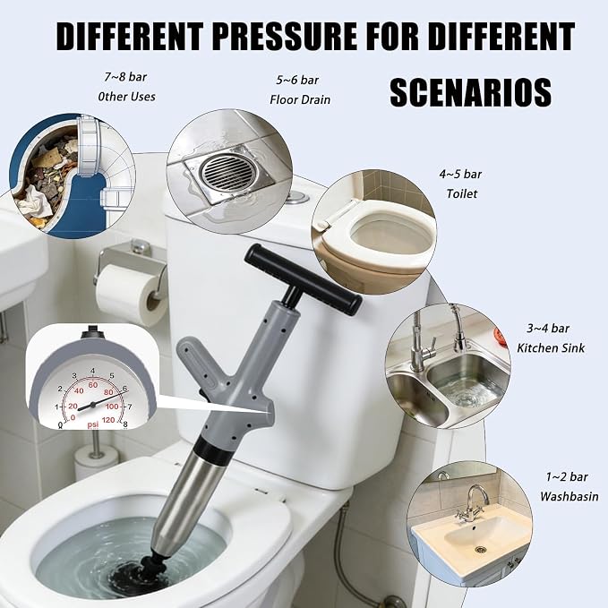 High Pressure Toilet Plunger,Air Drain Unclogger Blaster with Visual Barometer & 6 Different Plunger headss,Upgraded Toilet Plunger,Heavy Duty Clog Remover Kits for Bathroom Sink & Toilet