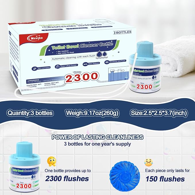 Msvvko Toilet Bowl Cleaners, Blue Cleaner Tablets in Bottle, Deodorizes, Freshens Odors, Drops Into Toilet Tank, Long Lasting Slow Release, Septic tank safety - 3 packs