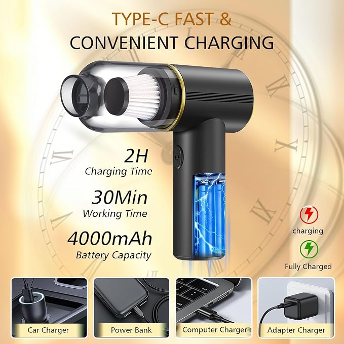 JONEME Portable Car Vacuum Cleaner High Power 12000PA,6 in 1 Hand Held Vacuum Cordless Rechargeable Air Blower & Pump & Air Duster,Small Mini Handheld Vacuum for Car,Home,Office,Pet Hair