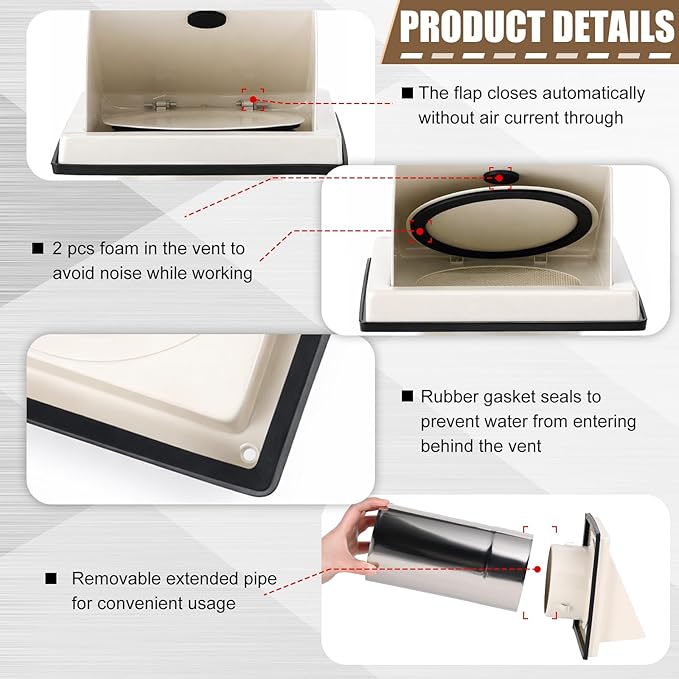 Gisafai 4" Dryer Vent Cover Outside with Stainless Steel Mesh Wall Dryer Exhaust Cap and Removable Extended Pipe Vent Shroud Hood Cushioned Non Return Flap with Sealing Gasket Grille(Tan)