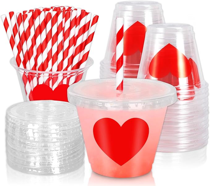 Whaline 100 Pcs 9 Oz Valentine's Day Disposable Plastic Cups with Lids and Straws Red Heart Cold Beverage Valentine Love Heart Drinking Cups Iced Coffee Juice Tea Cup for Wedding Whiskey Party Favors