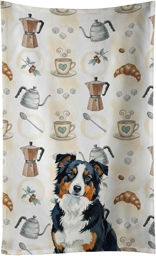 Caroline's Treasures Black Tri American Shepherd Coffee Bar Kitchen Towel Velour Plush Front and Cotton Loop Back Machine Washable