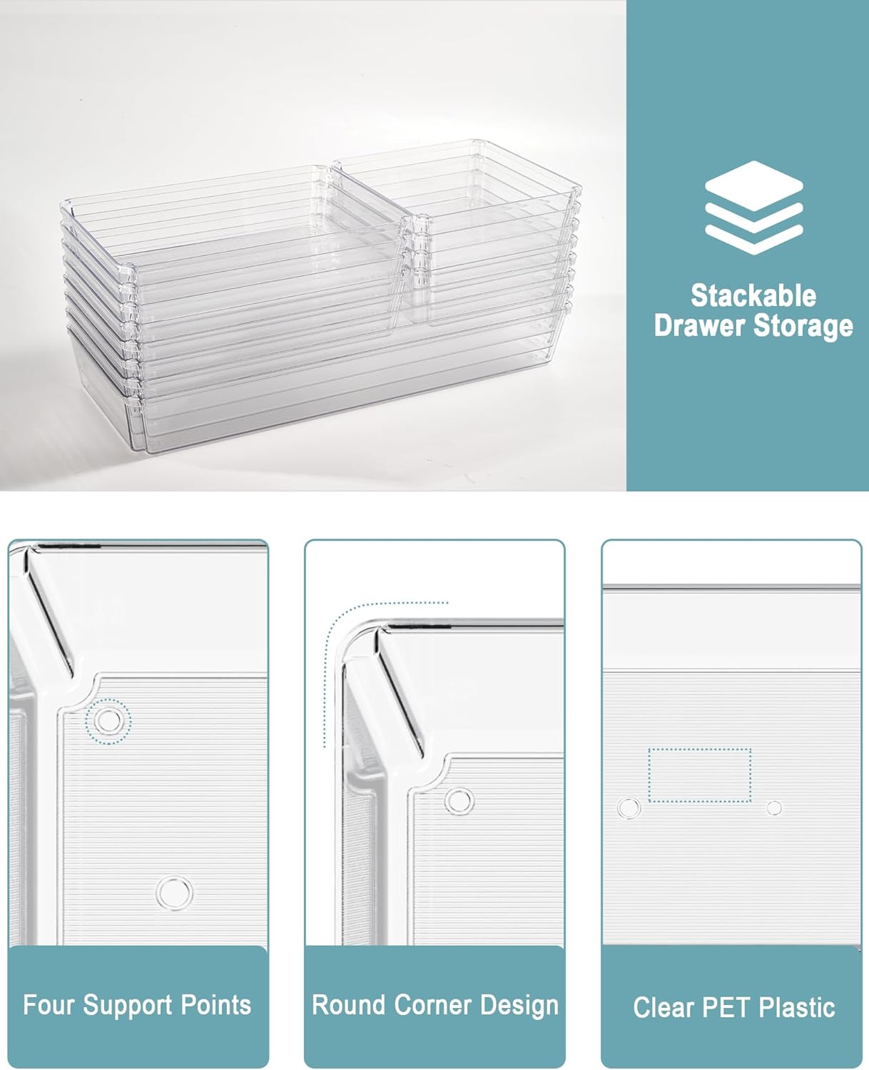 9 Pack Large Clear Plastic Drawer Organizer Trays, Desk Drawer Organizers and Storage Dividers, Non-Slip Storage Bins for Jewelry, Snacks, Office, Bathroom, Bedroom and Kitchen