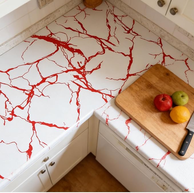 Red Marble Pattern Shelf Liner, Non-Adhesive Non-Slip Thickened Drawer Liner, Easy to Clean Contact Paper for Kitchen Cabinets, Tool Box, Refrigerator, Includes Knife & Tape Measure.12×236.22inch