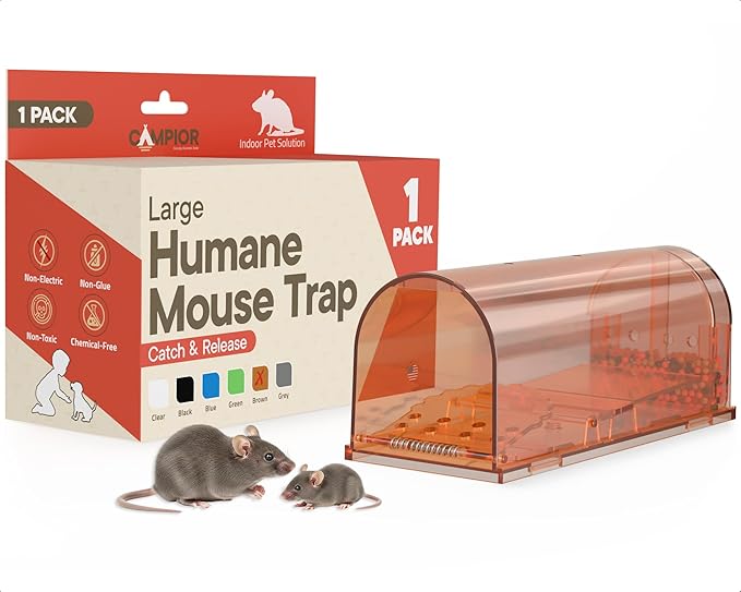 Campior Humane Mouse Trap Pack of 1, Live Mouse Traps Catch and Release for Indoors & Outdoors, Pet & Child Safe, 7.87" Reusable Plastic Mouse Cage with Spring Door, Cleaning Brush Included, Brown