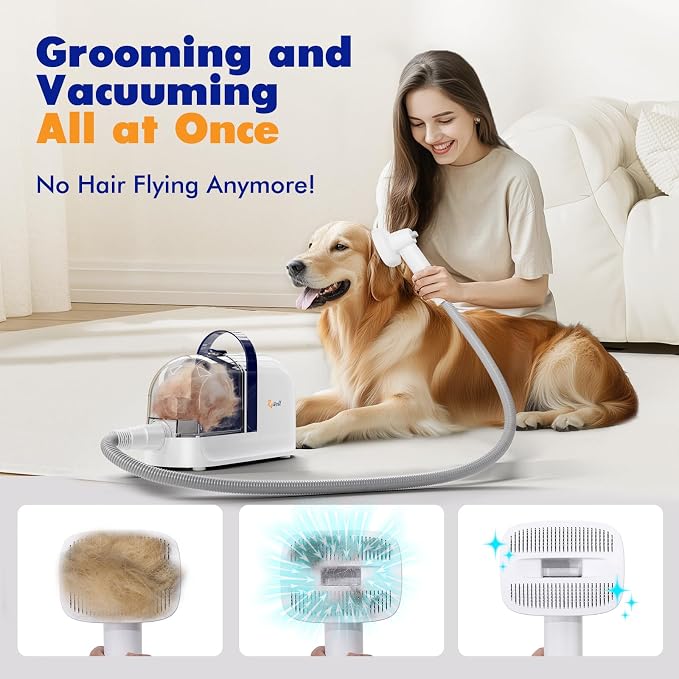 Rywell Dog Grooming Vacuum Kit with Clippers and Brushes, 12000Pa Low Noise Pet Hair Trimmer for Shedding, 1.5L Large Capacity Grooming Tool for Home Use