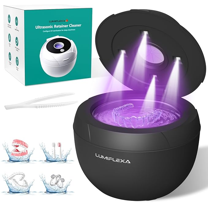 Ultrasonic Retainer Cleaner-45kHz Retainer Cleaner Machine,4 Modes Ultrasonic Cleaner for Dentures, Aligners,Mouth Guards, Braces,Toothbrush,Jewelry-200ML Dental Pod(Black)