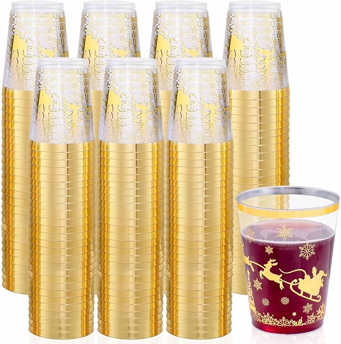 supernal 100pcs Christmas Party Cups,Gold Plastic Cups with Christmas Design,Plastic Party Cup,Disposable Cups,10oz Christ's Mass and Disposable Cups for Xmas Party