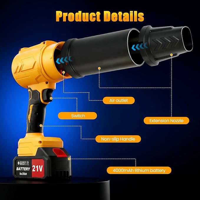 Leaf Blower Cordless, 950000RPM 21V Battery Powered Electric Leaf Blower with 2 x 4.0Ah Battery, Handheld Lightweight Turbo Blower Air Blower for Snow, Lawn Care with 2 Extended Nozzle