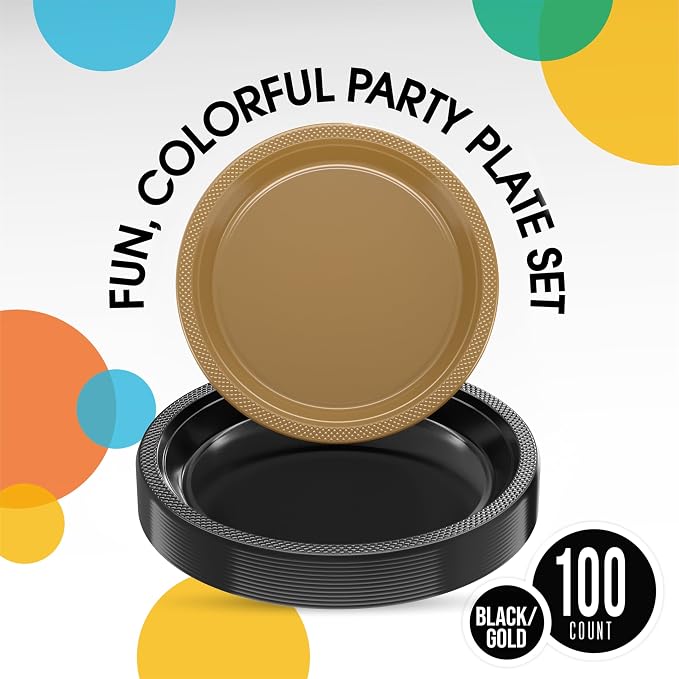 Party Solids Black & Gold Plates Disposable Black & Gold Plastic Plates 100 Pieces - 50-7" & 50-9" Heavy Duty 350 GSM Disposable Dinnerware Sets, Plastic Dinnerware Sets