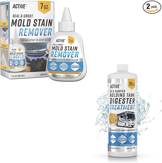 ACTIVE Mold Stain Remover Gel and RV Holding Tank Digester Treatment - Includes 7oz Mold Stain Remover and 32oz RV Black Tank Treatment