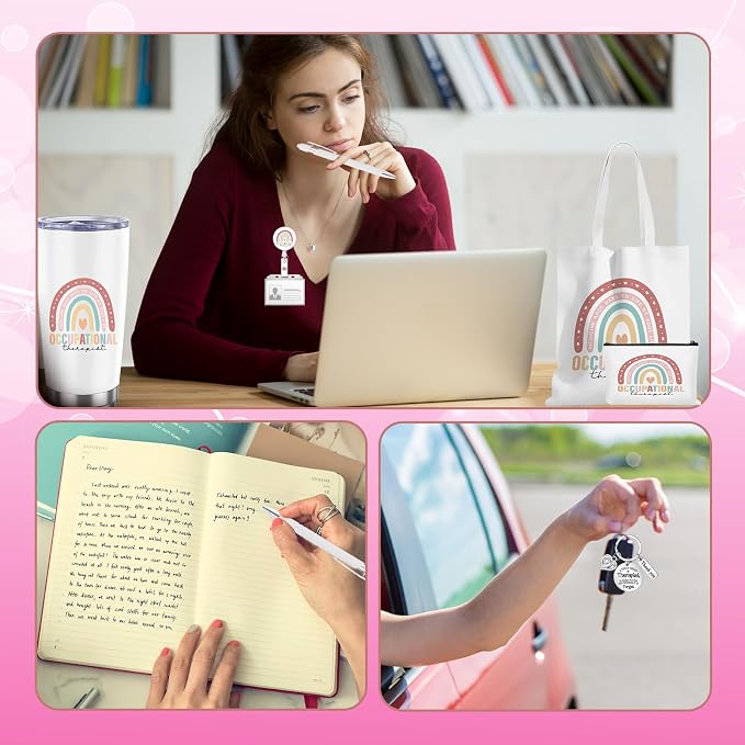 7 Pcs Occupational Therapy Appreciation Gifts with Flower Canvas Tote Bag Makeup Bag Tumbler Mug OT Spiral Journal Notebook Ballpoint Pen Badge And Keychain for Graduation Teacher Student OT Gifts