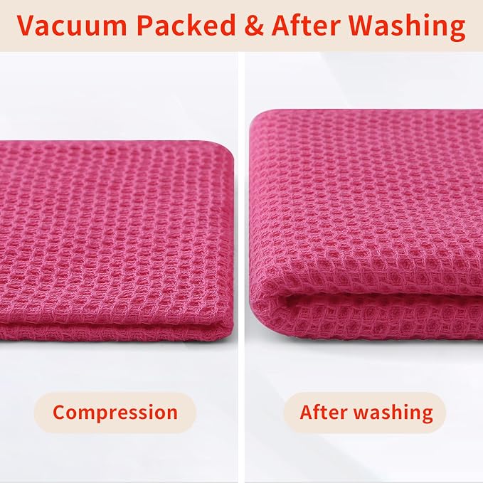Homaxy 100% Cotton Waffle Weave Kitchen Dish Towels, Ultra Soft Absorbent Quick Drying Cleaning Towel, 13 x 28 Inches, 8-Pack, Hot Pink