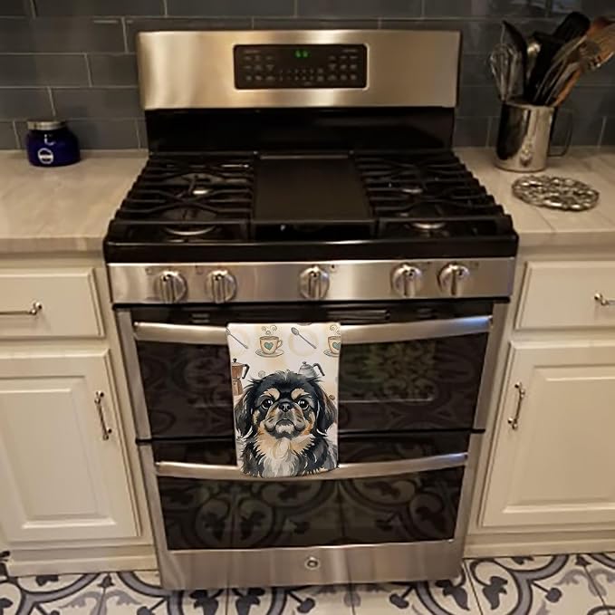 Caroline's Treasures Black and Tan Pekingese Coffee Bar Kitchen Towel Velour Plush Front and Cotton Loop Back Machine Washable