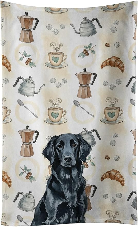 Caroline's Treasures Black Flat-Coated Retriever Coffee Bar Kitchen Towel Velour Plush Front and Cotton Loop Back Machine Washable