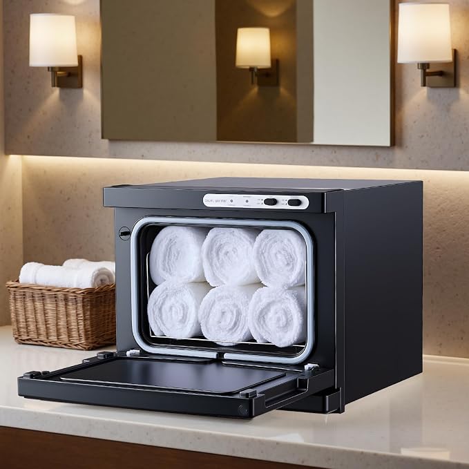 VEVOR Hot Towel Warmer, 8L Small Towel Warmer Cabinet with Clip & Stainless Steel Rack, Holds up 12 Towels, Portable All-Round Heating Cabinet for Spa, Barber, Manicures, Massage, Salon, Black