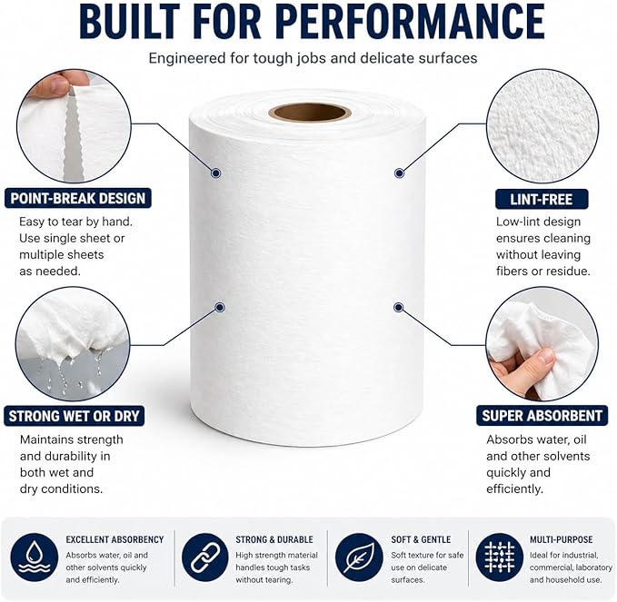 4 Rolls Industrial Cleaning Wipes Jumbo Roll, Heavy Duty Lint Free Shop Towels, Super Absorbent Reusable Cleaning Cloths for Garage Workshop Automotive, 500 Sheets 10 x 12 Inch (White, 10"X12")