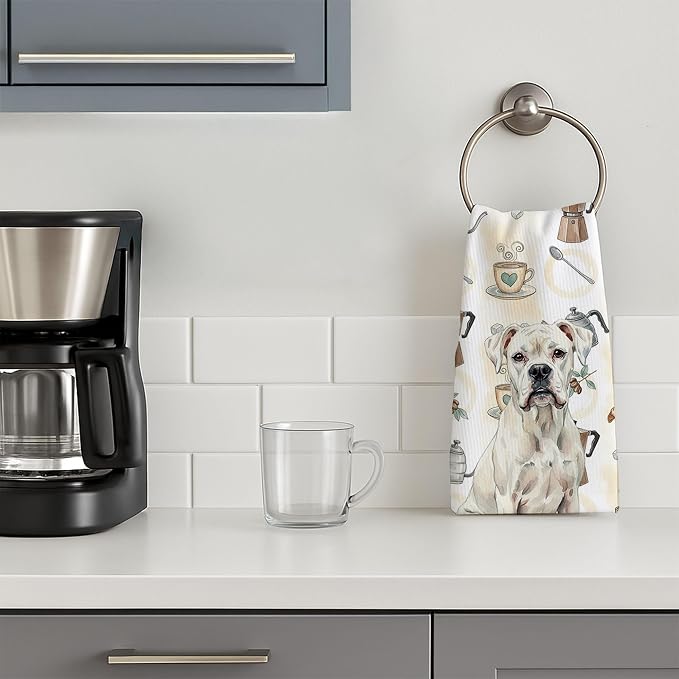 Caroline's Treasures White Boxer Coffee Bar Kitchen Towel Velour Plush Front and Cotton Loop Back Machine Washable