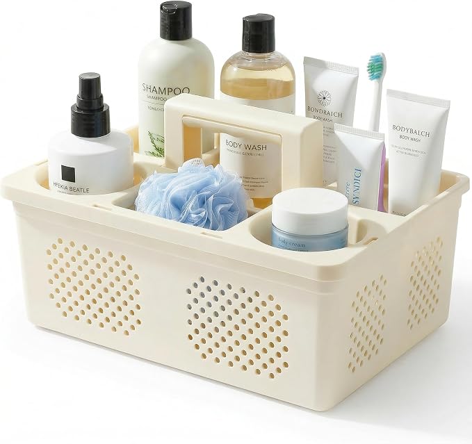 KMV Dorm Room Portable Shower Caddy with Adjustable Compartments - Ventilated Drainage Design with Handles, Perfect Toiletries Organizer for College Dorms-beige