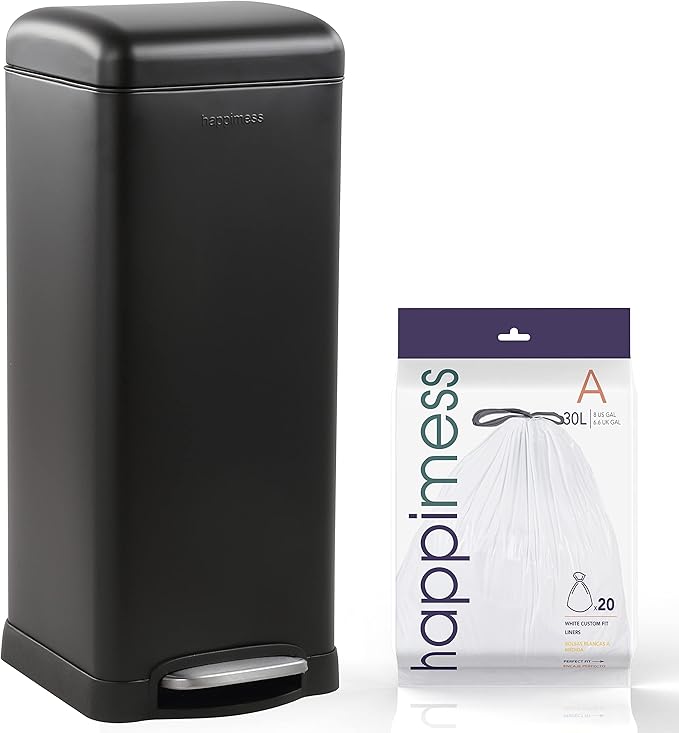 happimess HPM1007B Betty Retro 8-Gallon Step-Open Trash Can with Soft-Close Lid, Fingerprint Resistant, Modern, Minimalistic for Home, Kitchen, Laundry Room, Office, Bedroom, Bathroom, Black