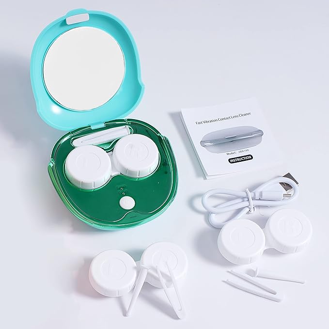 Contact Lens Cleaner Machine, Portable Ultrasonic Cleaning With USB Charger Mirror Tweezers Remover Tool Replaceable Contact Lens Case for Daily Outdoor (green)
