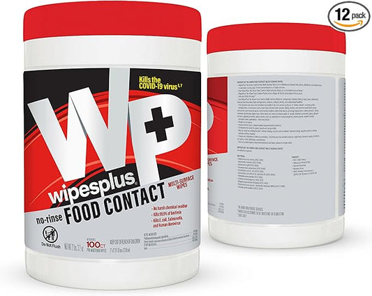 WIPESPLUS Cleaning Wipes All Purpose Food Contact - No Rinse, No Residue, Quick Dry Formula, Disinfecting Wipes For Restaurants, Foodservice, Schools - Canister, 100 Count, (Pack of 12)