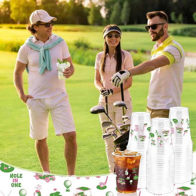 100Pcs Masters Golf Ball Plastic Party Cups, 12oz Pink Green Golf Disposable Clear Cups for Home Sports Party Decorations, Birthday, Holiday Gatherings Favors