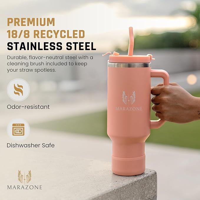 MARAZONE 40oz Stainless Steel Travel Tumbler Cup with Handle, Three-Position Lid, Straw with Silicone Tip, Vacuum Insulated Water Bottle for Hot & Cold Drinks, Great Gifts for Mom, Sunset