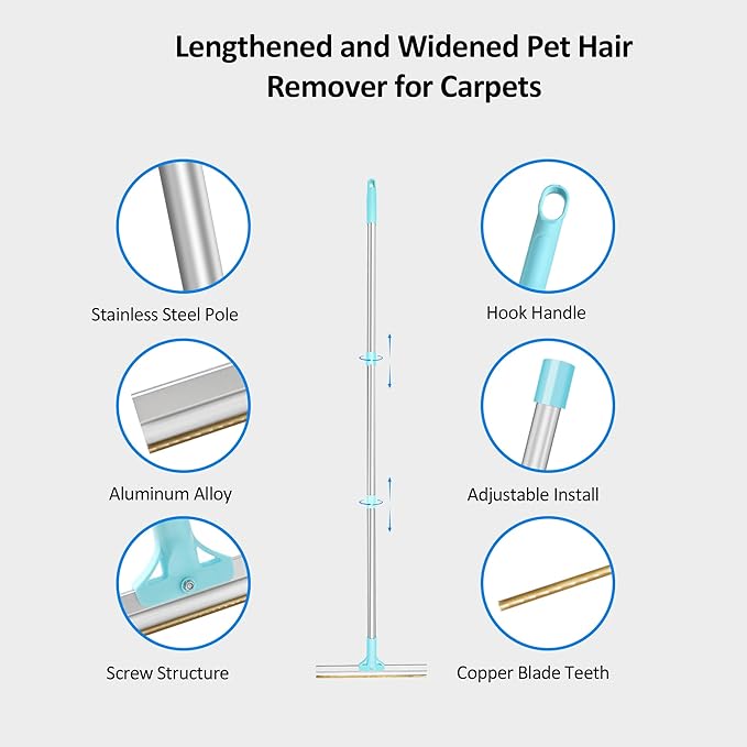 Carpet Rake for Pet Hair Removal, 3-Section Rake to Fluff Matted Rug & Remove Dog Cat Hair, Deep Clean Tool for Stairs, Furniture, Couch & Car Seats, Reusable & Easy Storage