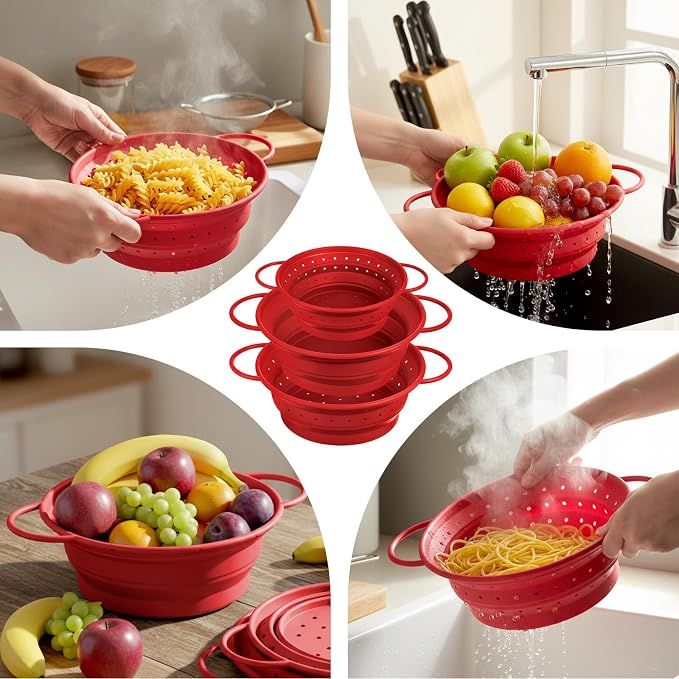 3 Pack Collapsible Colander with Strainer Bowl Set, 11 & 13 In BPA-Free Silicone Colanders for Kitchen, Heat-Resistant Space-Saving Strainer Dishwasher Safe Baskets for Vegetable Fruits(Red)