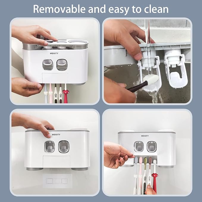 Toothbrush Holder Wall Mounted, WEKITY Multi-Functional Toothbrush and Toothpaste Dispenser for Bathroom, with 5 Toothbrush Slots and 4 Wall Adhesives, 2 Toothpaste Squeezers and 4 Cups