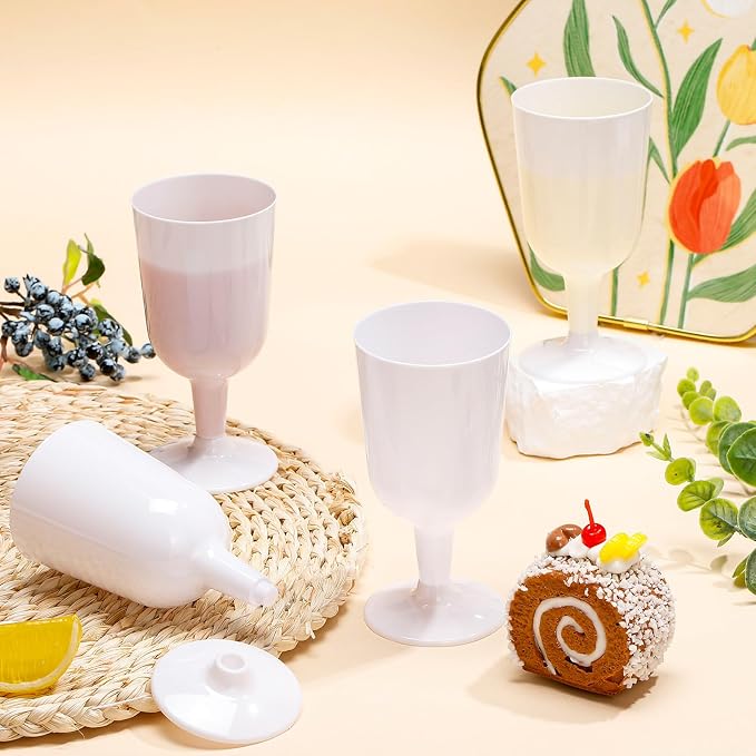 Jingmore 96 Pcs Plastic Wine Glasses with Stem 7 oz White Plastic Goblets for Party Disposable Wine Cup Champagne Flutes Drinking Glass for Wedding Toasting Birthday Party Supply