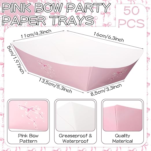 Geosar 100 Pcs Coquette Bow Paper Food Trays Bulk Bow Party Supplies Birthday Decor Disposable Food Boat Trays with Wax Paper Sheet Wrapping for Wedding Bridal Party Supplies(Pink)