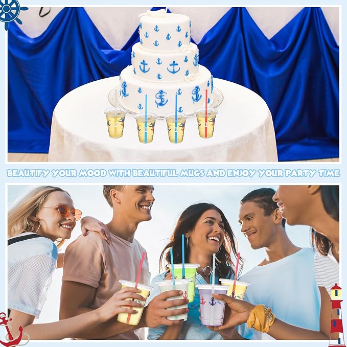 Blushtier 100 Sets 12 oz Nautical Disposable Plastic Cups with Lids and Straws, Blue Anchor Theme Party Cups Beverage Drinking Cups for Ocean Theme Birthday Summer Party Supplies
