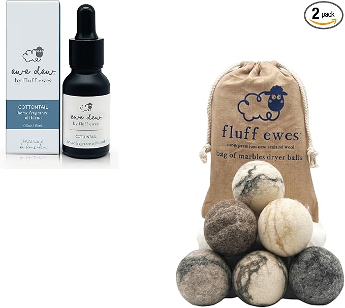 Fluff Ewes Premium Handmade New Zealand Reusable Wool Dryer Balls for Laundry & Baby + Ewe Dew Home Fragrance Aromatherapy Dryer Ball Essential Oil Blend, 2 Pack, Marble 6 Pack + Cottontail 0.5oz