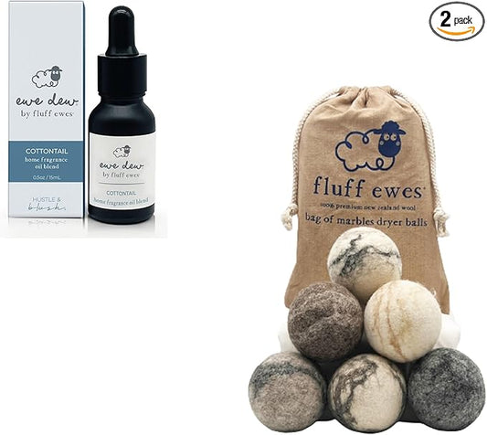 Fluff Ewes Premium Handmade New Zealand Reusable Wool Dryer Balls for Laundry & Baby + Ewe Dew Home Fragrance Aromatherapy Dryer Ball Essential Oil Blend, 2 Pack, Marble 6 Pack + Cottontail 0.5oz