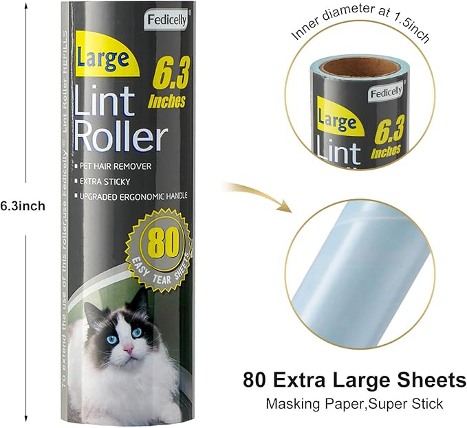 Fedicelly Lint Rollers Pet Hair Extra Sticky Floor with Long Handle,Large Cat Dog Hair Remover Laundry Clothes Carpet Furniture,6.3 inches Wider with 320 Sheets Giant Lint Remover Brush for Couch