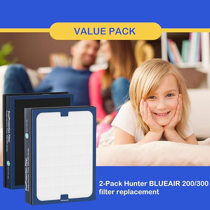 Classic 200/300 Series DualProtection Filter Replacement Compatible with Blueair 200/300 Series, for 200, 201, 203, 205, 210, 215, 250, 270, 280i, 303 Models, True HEPA with Activated Carbon, 2 Pack