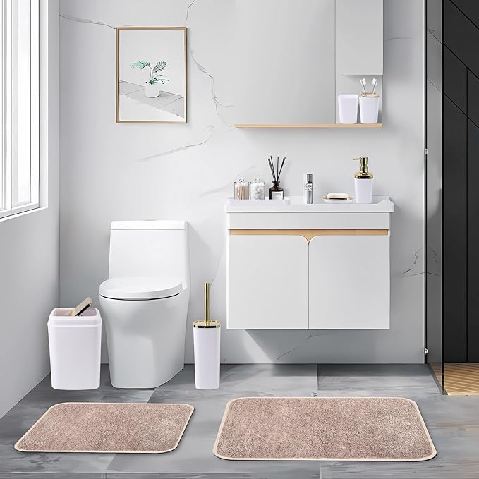 XLHOMO Bathroom Accessory Set–Bathroom Set with Shower Curtain and Rugs, No Slip Bathroom Rugs Super Absorbent,White Ombre Waterproof Shower Curtain with Hooks, White Bathroom Sets Complete for Home