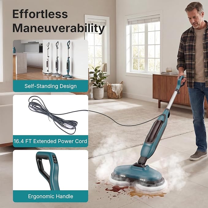 OLIXIS Steam Mop, All-in-One Scrubbing Steam Mops for Floor Cleaning with Rotating Pads, Floor Steamer with 2 LED Lights, 4 Cleaning Modes, Swivel Steering, 16.4 FT Cord, Safe for Hardwood and Tile