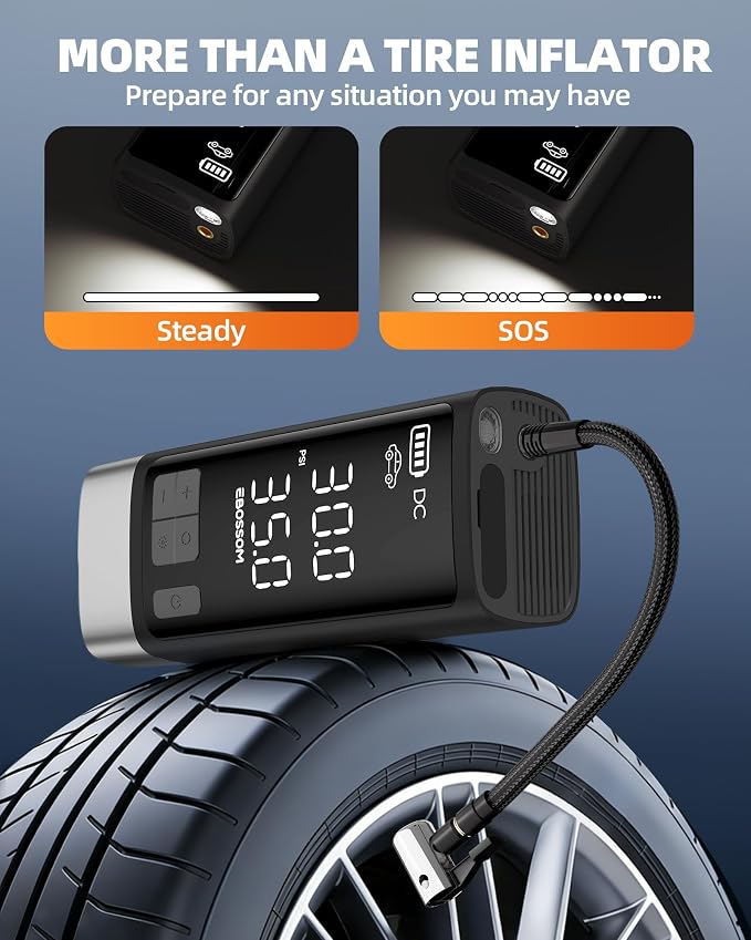 Portable Tire Inflator with Dual-Cylinder,5x Fast Inflation Car Air Compressor with Memory Function,150PSI Cordless,Tire Inflator Rechargeable with Battery,12V DC for Pickup,Car,Moto,Bikes,Balls