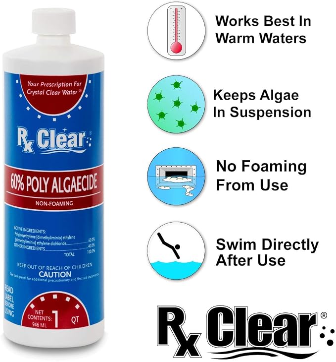 Rx Clear Algaecide 60 Plus | Non-Foaming Formula for Above Or In-Ground Swimming Pools | 60 Percent Poly-Algaecide | Keeping Algae in Suspension | One Quart Bottles | 1 Pack